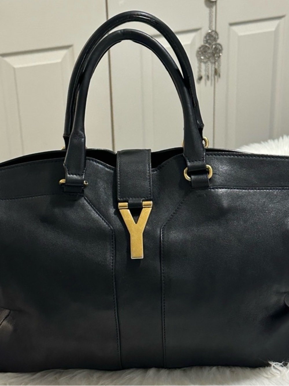 Yves Saint Laurent Black Leather Tote with Gold Y Hardware